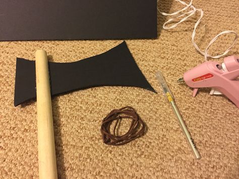 DIY Axe: Black Foam Board, 7/8 Dowel, Fake Suede Cord, Xacto Knife & Glue Gun Xacto Knife, Suede Cord, Glue Gun, Foam Board, Glue, Halloween, Black