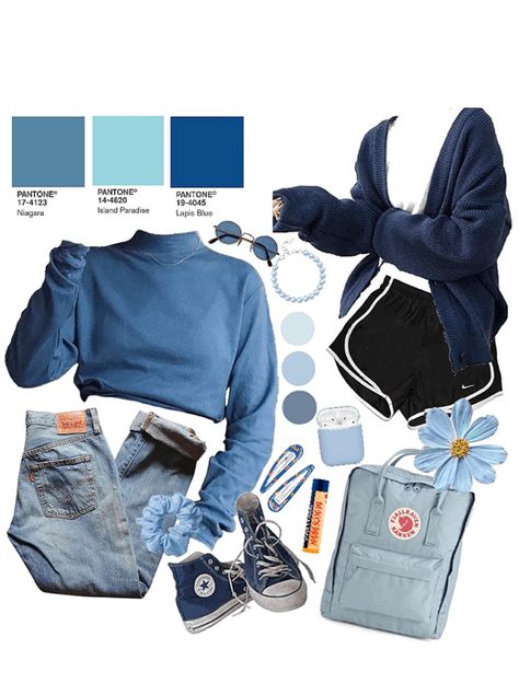 Aesthetic Clothes Blue, Blue Outfit Layout, Blue Core Outfits, Blue Themed Outfits Casual, Blue Outfit Board, Blue Alternative Outfit, Blue Themed Outfits, Bluey Inspired Outfit, Blue Aesthetic Outfit Girl