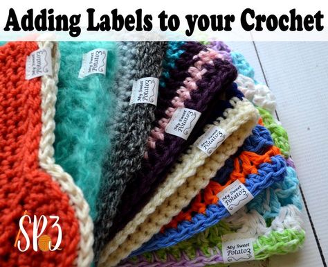 Tutorial on how to add labels to your crochet items. Get that professional look, it's quick and easy! #DIY Crochet Labels, Crochet Hack, Crocheted Items, Crochet Business, Your Crochet, Crochet Tutorials, Fabric Labels, Crochet Items, Crochet Stitches Patterns