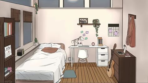 Anime Rooms Drawings, Manga Bedroom Drawing, Room Background Drawing Reference, Bedroom Birds Eye View, Anime Bedroom Drawing, Anime Room Illustration, Animated Bedroom, Animated Room, Small Room Decor Bedroom