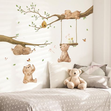 PRICES MAY VARY. The elements contain 4 brown bears playing in the forest, butterflies, birds, branches, fallen leaves and honey. Easy and cute wall decoration for your children. Material: Vinyl. Non-toxic, environmental protection, waterproof. Easy to apply, remove and reuse without leaving damage or residue. Very easy to assemble and great focal point in your kids room, baby nursery, playroom, classroom, baby girls and boys room. It can be stuck to walls, furniture, tiles, mirrors and windows, Bear Nursery Theme, Baby Nursery Murals, Nursery Wall Painting, Teddy Bear Nursery, Tree Branch Wall, Room Wall Painting, Nursery Room Design, Baby Room Inspiration, Baby Room Wall