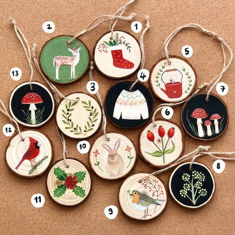 Here are my wood slice ornament collection. All of them are drawn and painted by myself. They are uniquely created with the inspiration from nature. The slices are real wood pieces. One of the best decors for your home and friends. Details: ======= - Your ornament will be shipped with 20cm two Wood Piece Painting Ideas, Ornament Wood Slices, Wood Slice Painted Ornaments, Log Painting Ideas, Christmas Wood Slice Ornaments, Wood Slice Painting, Easter Ornaments, Log Slices, Wood Slice Ornament