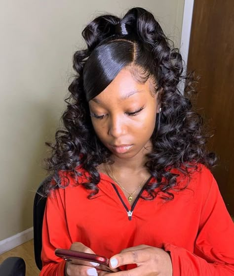 Your Hair Your Crown!💖👸🏽 on Instagram: “Cute  curly ponytail with swoop bangs 😻would you want to style same way?🤗 . . Follow @sowigs for more fantastic hairstyle pics . . 😘Welcome…” Ponytail Hairstyles For Black Women Half Up Half Down, Hair Style For Black Women Natural Half Up Half Down, Baby Shower Hairstyles For Black Women, Half Up Half Down Hair Black Women With Braids, Half Up Half Down Wavy Hair Black Women, Curly Half Up Half Down Ponytail, Cute Black Hairstyles With Weave, Black Woman Half Up Half Down Hair, Half Up Half Down Prom Hair Black Women