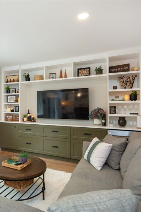 Living Room Lower Built Ins, Lower Cabinets With Open Shelving, Built In Cabinets Around Tv, Family Room Storage Cabinets, Living Room Storage Built In, Built In Cabinets Living Room With Tv, Living Room Wall Cabinet Ideas, Living Room Designs With Storage, Built In Tv Stand Living Room