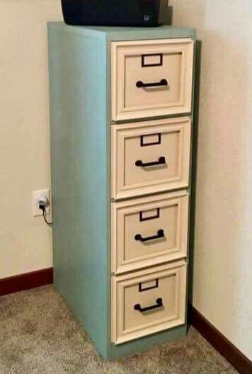 Chalk painted metal file cabinet w/ trim Filing Cabinet Storage Ideas, Refurbish File Cabinet, File Cabinet Bookshelf, Painting File Cabinet, Filing Cabinet Ideas, File Cabinet Redo, Painted File Cabinets, Diy File Cabinet, Filling Cabinet