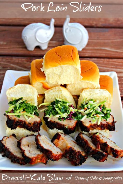 Pork Loin Sliders, Pork Loin Grilled, Bacon Pork Loin, Pork Loin Filet, Citrus Slaw, Pork Sliders Recipes, Pork Tenderloin Sandwich, Kale Slaw, Baked Spaghetti Casserole