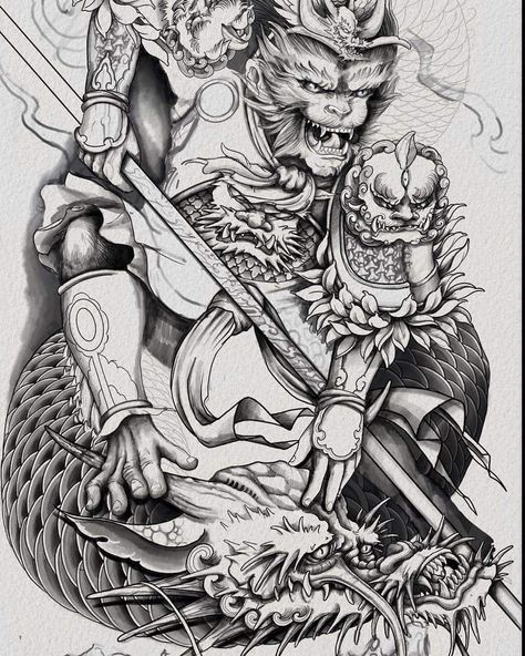 Wasiela trên Instagram: “New project the Monkey King "Sun Wukong" #ink #inked #art #artwork #eindhoven #tattoo #draw #sketch #eindhoventattoo …” Riding Dragon, Samurai Warrior Tattoo, Dragon Tattoo Sketch, Japanese Flower Tattoo, Monkey Tattoos, King Tattoos, Japan Tattoo Design, Samurai Artwork, Japanese Sleeve Tattoos