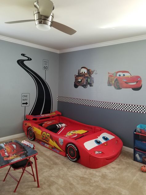 Kids Room With Car Bed, Cars Pixar Room Decor, Lightning Mcqueen Room Decor, Disney Car Bedroom Ideas, Disney Cars Toddler Bedroom, Pixar Cars Room Ideas, Lighting Mcqueen Room Ideas, Closet Turned Dog Room, Lightning Mcqueen Nursery