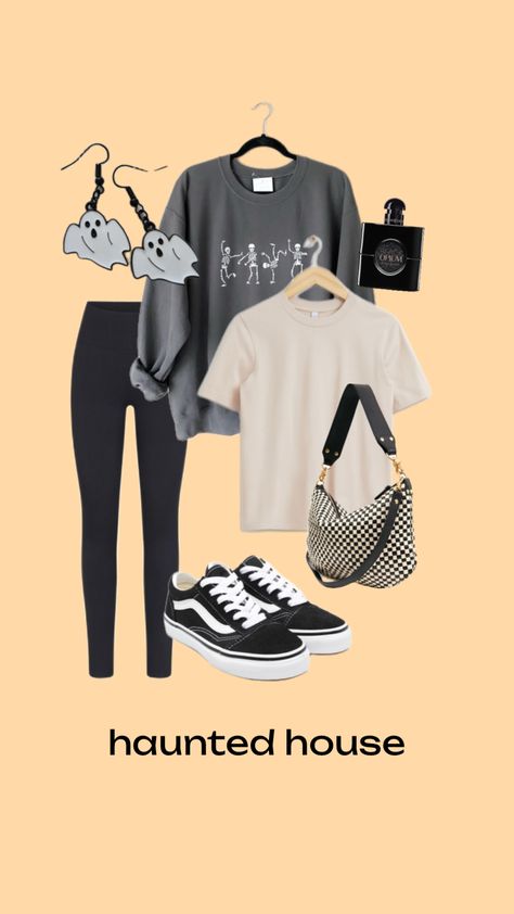 Created by aangelmarieexoxo on Shuffles Haunted House Outfit, Checkered Bag, Skeleton Hoodie, Vans Outfit, Vans Vans, Outfit Halloween, Black Vans, Halloween Outfit, Fall Fits