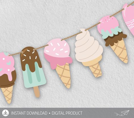 Candy Toppers, Ice Cream Crafts, Candyland Cake, Ice Cream Decorations, Decoration Birthday Party, Ice Cream Birthday Party, Banner Printable, Ice Cream Theme, Printable Box