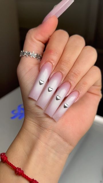 Navas Nails on Instagram: "🤍🤍🤍 . . . . . . . . . . #airbrushnails #silvernailcharms #white #pink #glowinthedark #simpleaesthetic #longnails #kentnailtech" White Airbrush Nails, Pink Air Brush Nails, Long Acrylic Nails Airbrush, Pink And White Airbrush Nails, Black And Pink Airbrush Nails, Air Brush Nails, Airbrush Nails, Simple Aesthetic, Air Brush