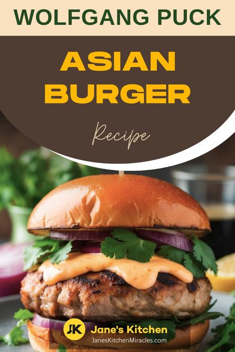 Asian burger on a dinner plate Asian Burger Recipe, Puck Recipes, Asian Burger, Wolfgang Puck Recipes, Famous Recipes, Asian Slaw, Asian Beef, Wolfgang Puck, Elegant Appetizers