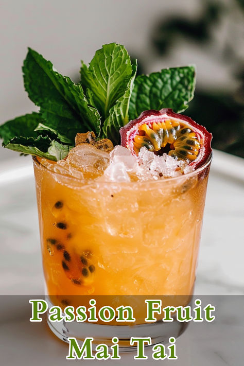 The Passion Fruit Mai Tai is a tropical twist on the classic Mai Tai, blending the exotic flavor of passion fruit with the refreshing notes of mint, lime, and rum. This vibrant cocktail is a perfect blend of sweet and tangy, with layers of complexity that transport you to a sunny beach with every sip. Rum Passion Fruit Cocktail, Passion Fruit Rum Cocktails, Passion Fruit Drink Recipes, Passion Fruit Cocktail Recipes, Passionfruit Cocktail, Passion Fruit Cocktail, Summer Rum Cocktails, Dark Rum Cocktails, Rum Cocktails Easy