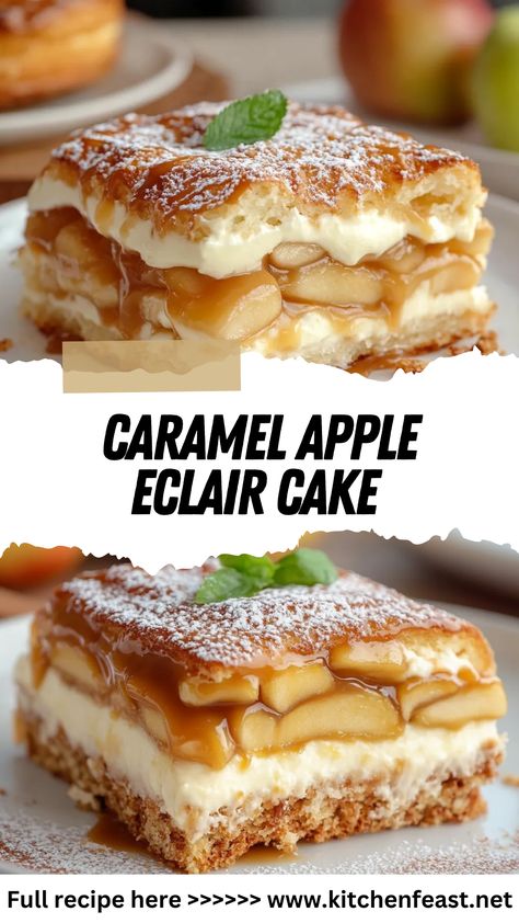 This Caramel Apple Eclair Cake blends creamy vanilla pudding, caramel, and fresh apples in an easy, no-bake recipe. Perfect for fall events and cozy treats! Apple Cake With Vanilla Pudding, Eclair Pudding Dessert, No Bake Caramel Desserts, Fall Pudding Desserts, Caramel Apple Eclair Cake, Carmel Apple Trifles, Apple Trifle Desserts, Christmas Apple Desserts, No Bake Apple Desserts