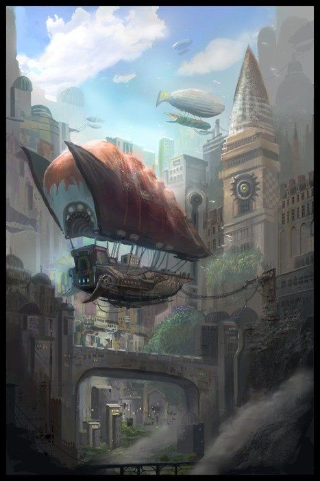 Airship port city. Steampunk Architecture, Steampunk City, Steampunk Artwork, Steampunk Airship, Futurisme Retro, Diesel Punk, Steampunk Art, A Ship, Gothic Architecture