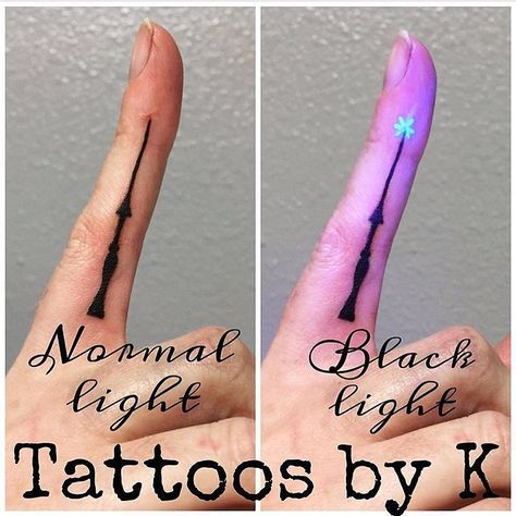 Harry Potter Wand Finger Tattoo, Finger Wand Tattoo, Wand Tattoo Finger, Wand Finger Tattoo, Magic Wand Tattoo, Lumos Tattoo, Blacklight Tattoo, Tattoo Glow In The Dark, Minimal Tatoo