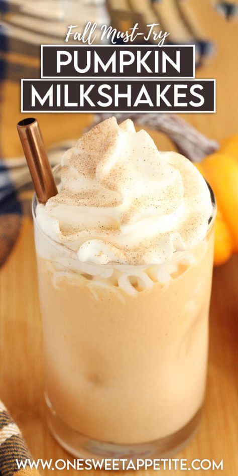 This easy Pumpkin Milkshake is the perfect way to get your fix when it's still too warm for baking. Pumpkin blended with a creamy vanilla ice cream and a surprise mix of graham crackers. The best fall treat. Strawberry Frappuccino Recipe, Pumpkin Milkshake Recipe, Pumpkin Ice Cream Recipe, Pumpkin Milkshake, Sherbet Recipes, Frappuccino Recipe, Pumpkin Ice Cream, Easy Pumpkin Pie, Milkshake Recipes