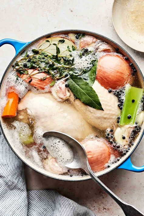 My Perfect-Every-Time Poached Chicken Breasts recipe is the easiest way to make juicy, tender shredded chicken! Gently simmer bone-in, skin-on chicken breasts with aromatic vegetables & herbs until they nearly fall off the bone. It’s the perfect all-purpose shredded chicken for soups, salads, tacos, & more (with a bonus small batch of homemade chicken broth!). An easy one-pot recipe, ready in 35 minutes or less. (Great for meal prep!) #poachedchicken #poachedchickenbreast #chickenbreastrecipes Poached Chicken Breast Recipes, Benefits Of Chicken, Cooking Whole Chicken, Chicken For Dogs, Boiled Chicken, Poached Chicken, Chicken Bones, Stuffed Whole Chicken, Whole Chicken