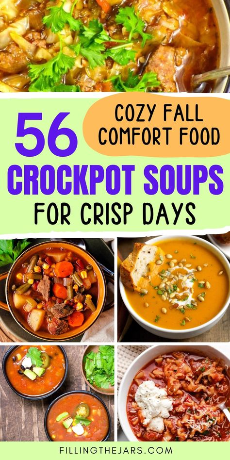 Cozy up with these fall crockpot soups, perfect for easy dinner recipes during the colder months. From crockpot hamburger soup to creamy broccoli and cheese soup, these 56 slow cooker recipes are the ultimate fall soups for the crockpot. Whether you're cooking for the family or meal prepping for the week, these easy soup recipes are ideal for soup lovers who want quick, comforting meals. Soups For The Crockpot, Crockpot Soups For Fall, Crock Pot Soup Recipes Easy, Fall Crockpot Soups, Crockpot Hamburger Soup, Fall Soups Crockpot, Soups For Fall, Soup Recipes Healthy Crockpot, Slow Cooker Soup Recipes