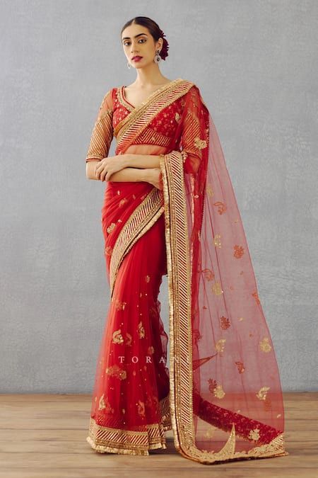 Sari Embroidery, Peacock Fabric, Butterfly Net, Cotton Saree Designs, Embroidery Hand, Red Butterfly, Embroidered Border, Designer Sarees Online, Red Saree