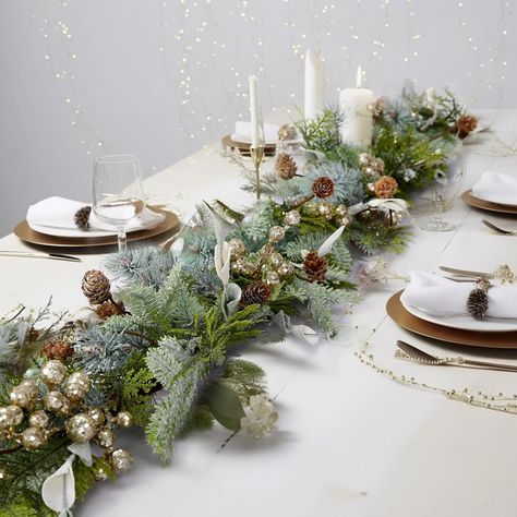 Beautiful Christmas garland for a festive decoration to add to your dining room table, dresser, mantle Garland For Christmas, Flocked Garland, Christmas Dining Table Decor, Christmas Lights Garland, Norway Spruce, Table Garland, Christmas Dining Table, Pine Garland, Christmas Tree Set