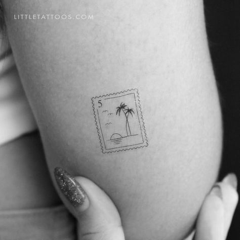 Travel temporary tattoos for people of all genders. Sea Life Half Sleeve Tattoo, Small Holiday Tattoos For Women, Small Picture Tattoos For Women, Tiny Florida Tattoo, Palm Tree Stamp Tattoo, Puerto Rico Stamp Tattoo, Hawaii Postage Stamp Tattoo, Holiday Matching Tattoos, Palm Springs Tattoo