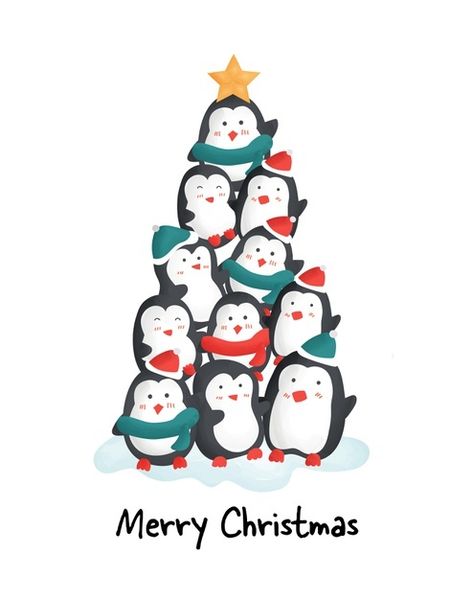 Merry christmas day with cute penguins. | Premium Vector #Freepik #vector #watercolor #christmas #christmas-tree #tree Happy New Year Messages, New Year Messages, Merry Christmas Day, Christmas Wallpaper Iphone Cute, Valentine's Party, Watercolor Christmas Tree, Happy Merry Christmas, Cute Christmas Wallpaper, Christmas Time Is Here