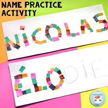 French Classroom Name Practice Activities: name paper mosaic. Fun way for students to practice "writing" their names! Name Craft Kindergarten, Writing Practice Activities, Name Practice Activities, Name Writing Activities, Name Activities Preschool, Writing Activities For Preschoolers, Name Writing Practice, Preschool Names, Name Practice