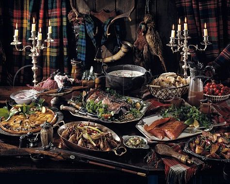 Cephas Picture Library - Asset Details 1209780- Scottish hunting lodge feast. Venison, grou Scottish Hunting Lodge, Tavern Room, Medieval Banquet, Game Of Thrones Party, Medieval Party, Scottish Recipes, Burns Night, Viking Wedding, Apple Tart