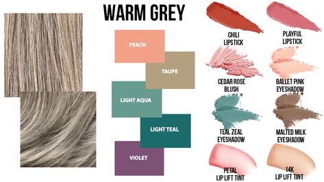 The best colors for someone who has golden grey hair tone! Soft Autumn Gray Hair, Soft Autumn With Gray Hair, Soft Autumn Grey Hair, Warm Grey Hair Color, Colors To Wear With Grey Hair, Warm Grey Hair, Color Palette With Grey, Grey Hair For Warm Skin Tones, Clear Spring Palette