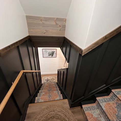 #diy #farmhouse basement stairway Board And Batten Stairway, Basement Staircase Ideas, Basement Stairwell Ideas, Basement Stairway, Farmhouse Basement, Basement Stairwell, Stairwell Ideas, Basement Staircase, Basement Bar