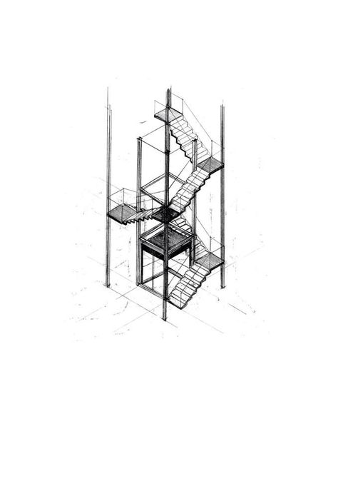 Axonometric staircase encapsulating elevator drawing. Circulation Axonometric, Stairs Architecture Drawing, Elevator Drawing, Stairs Diagram, Drawing Stairs, Architecture Stairs, Staircase Drawing, How To Draw Stairs, Staircase Architecture