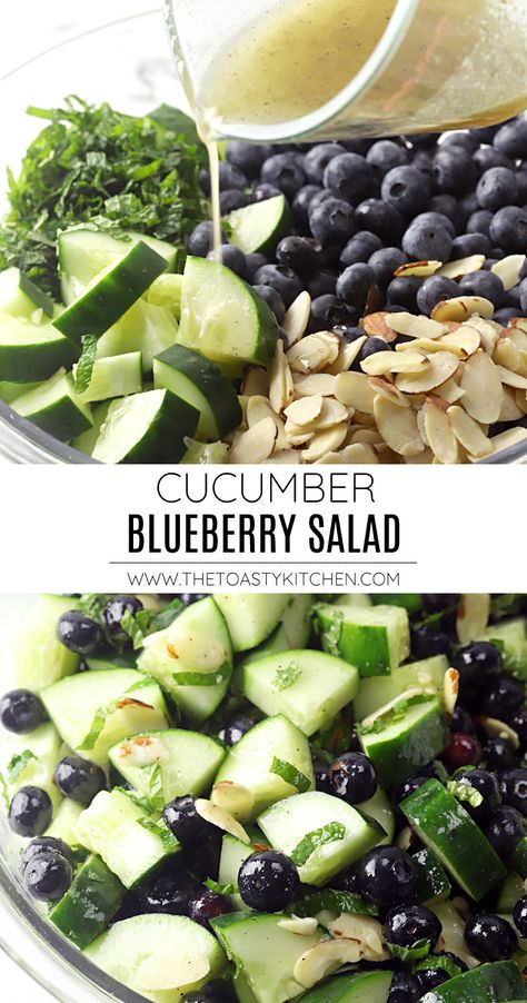 Cucumber Blueberry Salad recipe - by The Toasty Kitchen #salad #summer #spring #blueberry #cucumber #almonds #lemonvinaigrette #cucumbersalad #blueberrysalad #cucumberblueberrysalad #sidedish #picnicsidedish #freshsalad #fresh #lightsalad #recipe Healthy Luncheon Ideas, Blueberry Recipes Salad, Salads With Fresh Mozzarella, Blueberry Recipes With Fresh Blueberries, Pot Luck Sides Easy, Salads With Blueberries, Recipes Using Fresh Mint, Fruit And Veggie Diet Recipes, Refreshing Summer Snacks