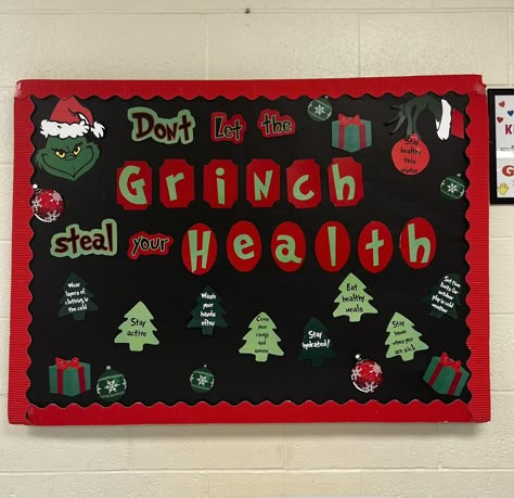 Christmas Bulletin Boards For Work, Christmas Nursing Home Decorations, Grinch Bulletin Board, School Nurse Office Door, School Nurse Door Decoration, Nurse Door Decorations, School Nurse Decorations, School Nurse Door, School Nurse Elementary