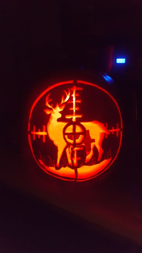 This is a pumpkin carving I did this Halloween, a gun targeting a deer. Pumkin Carving Country, Pumkin Carving Ideas Western, Cowgirl Pumpkin Carving, American Flag Pumpkin Carving, Pumpkin Carving Ideas Horse, Elk Pumpkin Carving, Pumpkin Carving Ideas Country, Pumpkin Carving Cow, Duck Pumpkin Carving Ideas