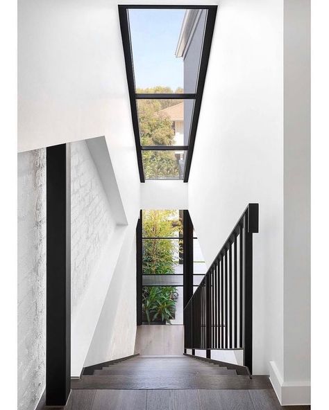 STUDIO BLACK INTERIORS on Instagram: “Let there be light…open to the sky above, the natural light is able to filter through the stairwell to the lower spaces below. ⁣ ⁣ Clark…” Australian Country Houses, Victorian Hallway, Sky Lights, Steel Windows, Window Design, House Inspo, Black Interior, Door Design, Modern Living