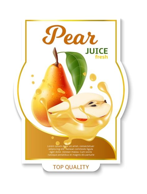 Realistic fruit label pear juice package... | Premium Vector #Freepik #vector #fruit-splash #fruit-drink #fruit-juice #healthy-juice Drink Promotion, Vegetarian Drinks, Fruit Juice Packaging, Liquid Splash, Juice Healthy, Package Sticker, Fruit Splash, Fruit Labels, Juice Packaging