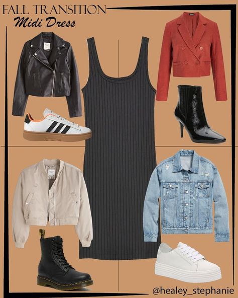 midi dress, knit dress, moto jacket outfit, denim jacket outfit, fall transition outfit Ribbed Tank Dress Fall, Midi Dress Sweater Outfit, Knit Midi Dress Outfit Fall, Black Knit Midi Dress Outfit, Black Ribbed Dress Outfits Winter, Black Midi Dress Outfit Fall, Black Ribbed Dress Outfits, Brown Midi Dress Outfit, Midi Knit Dress Outfits