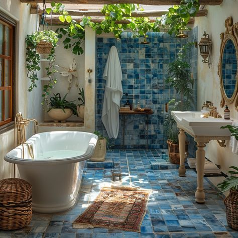 Mediterranean Guest Bathroom, Blue Mediterranean Bathroom, Mediterranean Art Deco, Sea Blue Bathroom, Mediterranean Interior Design Bathroom, Bathroom With Skylight Ideas, Turkish Tiles Bathroom, Light Blue Tile Bathroom Ideas, Ocean Bathroom Aesthetic