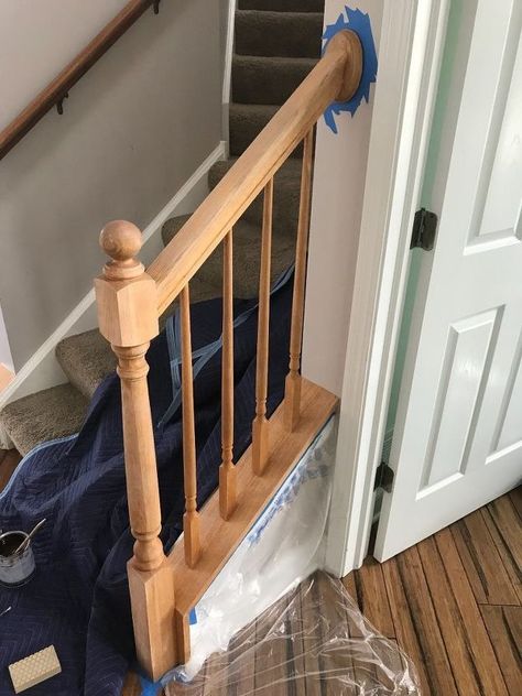 This video tutorial demonstrates how to stain a banister without sanding or stripping using General Finishes Gel Stain and paint with water based primer and paint. This project is time consuming, but definitely doable for anyone who likes to paint. It does not involve stripping the existing finish which will save you some time and create less mess. I chose a two toned look to match the banister to the floors we put in on our main level. I used mineral spirits and denatured alcohol to… Stain Banister Without Sanding, Painting Banisters Railings, Banister Makeover, Stained Staircase, Wood Banister, Oak Banister, Stair Railing Makeover, General Finishes Gel Stain, Java Gel Stains