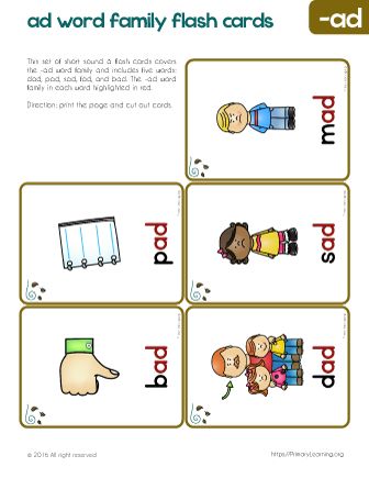 With these ad word family with pictures cards, kindergarten students learn to read new words. The -ad word family in each word highlighted in red (or black) color for visual reference. These flashcards come in two version: in color and b&w. Ad Family Words, Ad Word Family, Reading Flashcards, Family Flashcards, Word Family Reading, Kindergarten Word Families, Short Vowel Worksheets, Family Words, Learn Alphabet