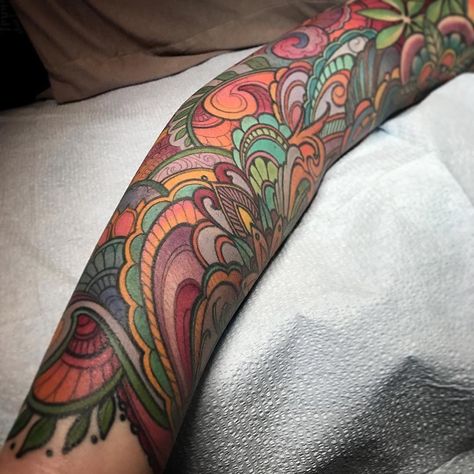 2,975 Likes, 17 Comments - Encyclopedia of Ornamental (@ornamentalika) on Instagram: “Tattoo by @lesacrelinee” Paisley Tattoos, Quetzalcoatl Tattoo, Colorful Sleeve Tattoos, Colorful Tattoo, Feminine Tattoo Sleeves, Floral Tattoo Sleeve, Flower Tattoo Sleeve, Different Tattoos, Feather Tattoos