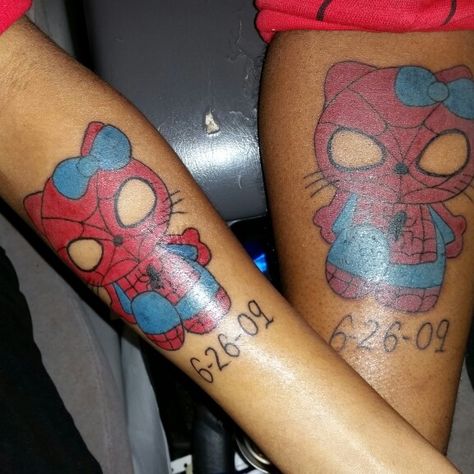 Me & my husband's matching tattoo, I like hello kitty and he likes spiderman so we combine the two and put the day we got married underneath ♡♡ Hello Kitty Tattoo Ideas Matching, Matching Tattoos Spiderman, Spiderman Matching Tattoo, Hello Kitty And Spiderman Pfp Matching, Hello Kitty And Spiderman Nails, Hello Kitty Matching Tattoos, Matching Hello Kitty Tattoos, Spiderman Tattoos, Spiderman And Hello Kitty