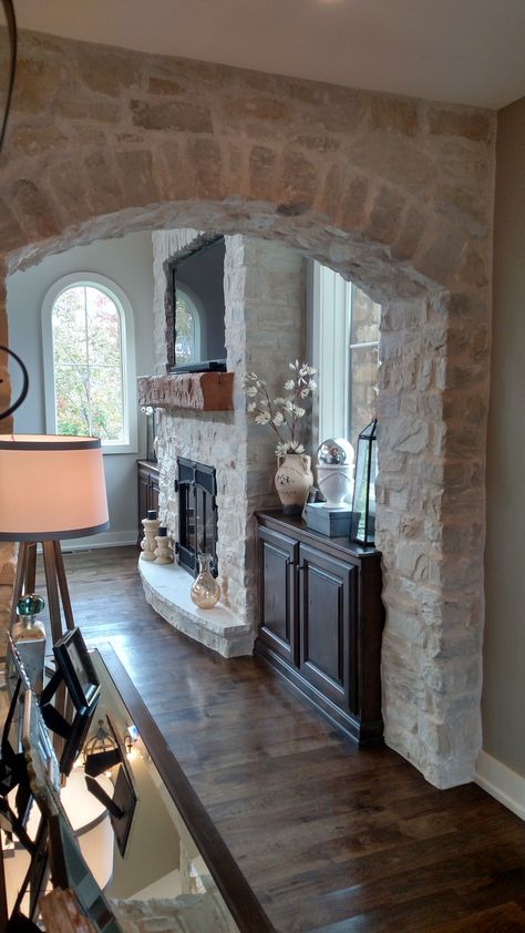 Stone Veneer Fireplace and Archway, Profiles, Country Ledge & Tuscan Fieldstone, color is Texas Cream Stone Archways Interior, Inside Stone Wall Ideas, Rock Wall Entryway, Stone Archway In Kitchen, Faux Stone Archway Diy, Decorating Archways In Home, Stone Entryway Interior, Interior Stone Archway, Tuscan Entryway Ideas