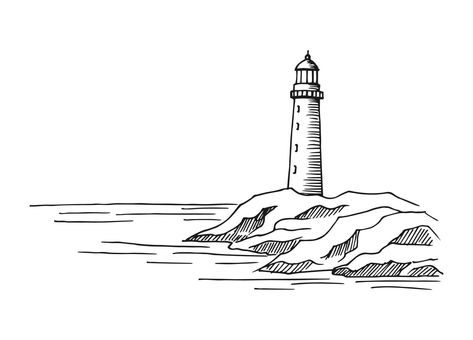 Seascape. Lighthouse. Hand drawn illustration converted to vector. Sea coast graphic landscape sketch illustration vector. Nautical Drawing, Lighthouse Sketch, Graphic Landscape, Lighthouse Drawing, Minimal Graphic Design, Lighthouse Tattoo, Grace Art, Sea Tattoo, Landscape Sketch