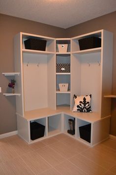 Corner Mudroom, Mudroom Corner, Ikea Lockers, Mudroom Shelves, Transitional Entry, Mudroom Cubbies, Laundry Room/mudroom, Locker Designs, Laundry Room/mud Room