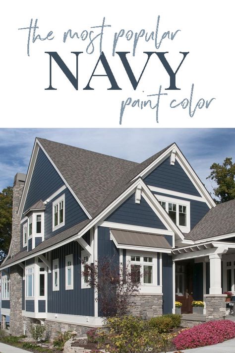 This popular navy paint color is perfect for both interiors & exteriors. Find all the details and more pics of this color in real rooms at theharperhouse.com #paint #paintcolors #navyblue paint color ideas, paint colors for home, paint colors for bedrooms, paint colors for living rooms Navy House Exterior White Trim, Exterior House Colors Hale Navy, Navy Hale Benjamin Moore Exterior, Outside Blue House Paint, Blue And White Siding Exterior, Navy Blue Houses With White Trim, Multi Colored Exterior Homes, Blue House Roof Color, Benjamin Moore Ocean Floor Exterior