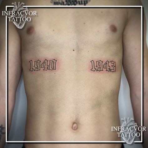 One of my clients wanted to tattoo the year of birth of his grandparents. Here is the result. Under Chest Tattoo Men, Date Of Birth Tattoo, Date Of Birth Tattoos, Birth Tattoo, Tattoo Under Chest, Under Chest Tattoo, Tattoo Chest, Date Tattoos, Chest Tattoo Men