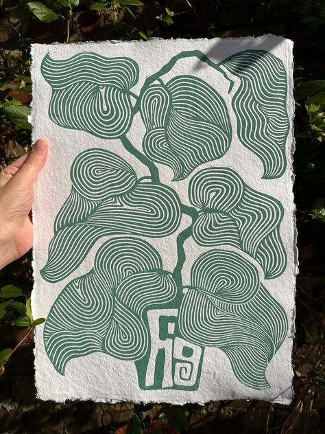 Handmade Linocut print in green, printed onto beautiful handmade paper with four deckled edges. Please note that this is a handmade item NOT a digital print. There may be some small variations/imperfections, but this is all part of the joy of a handmade artwork ☺️ Edition of 200. Unframed. The paper is A3 size, though there is a teeny bit of variation to to its handmade nature!! Linocut Prints On Fabric, Linocut Botanical, Geometric Linocut, Linocut Tree, Tree Linocut, Linocut Cards, Lino Art, Dorm Art, Small Artwork