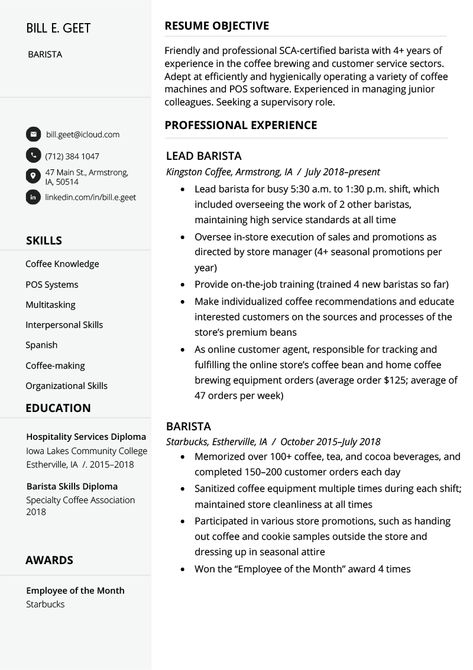 Whether it's at Starbucks or a local coffee shop, hirers care about your competency. Showcase your skills for operating coffee equipment and customer service skills. Business Resume Template, Student Apps, Resume Profile, Business Resume, Functional Resume, Online Resume, Resume Objective, Job Resume Examples, Linkedin Background